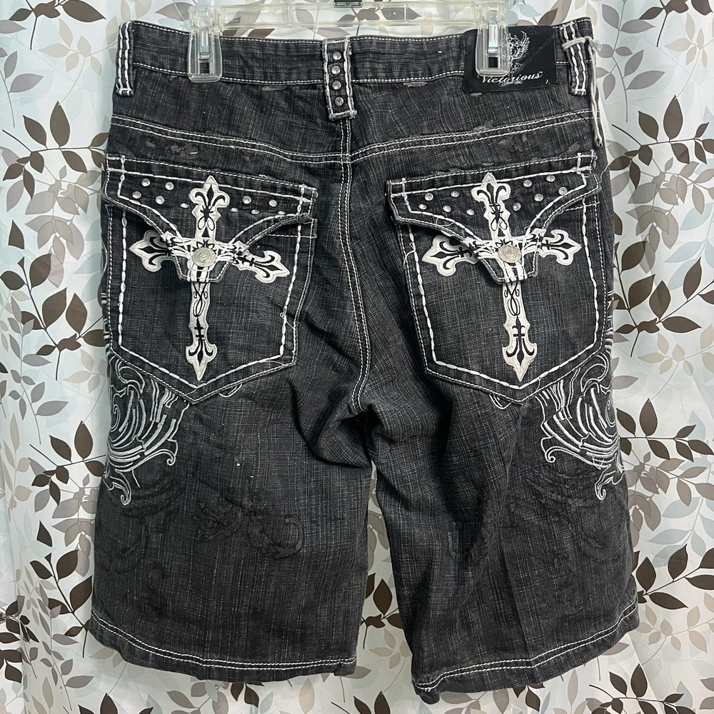 Vintage Victorious Jean Shorts Mens 34 Denim Jorts Baggy Skater Y2K Embroidered